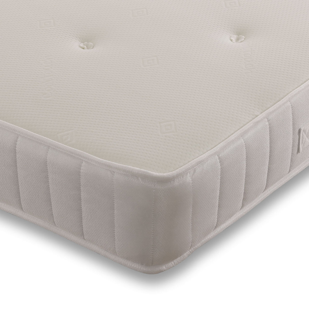 Aleena Sprung Memory Mattress from Mattress Supermarket showing a neatly made bed with white bedding and a plush headboard.