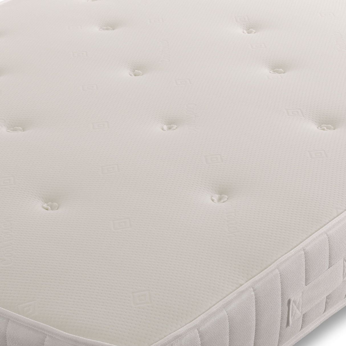 Aleena Sprung Memory Mattress by Mattress Supermarket showing a neatly made bed with white bedding and a plush headboard.