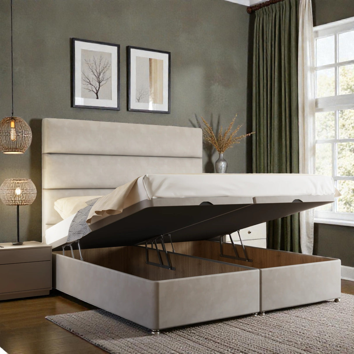 Alessia Ottoman divan bed set with storage drawers, upholstered in beige fabric, featuring a padded headboard and sturdy wooden frame.
