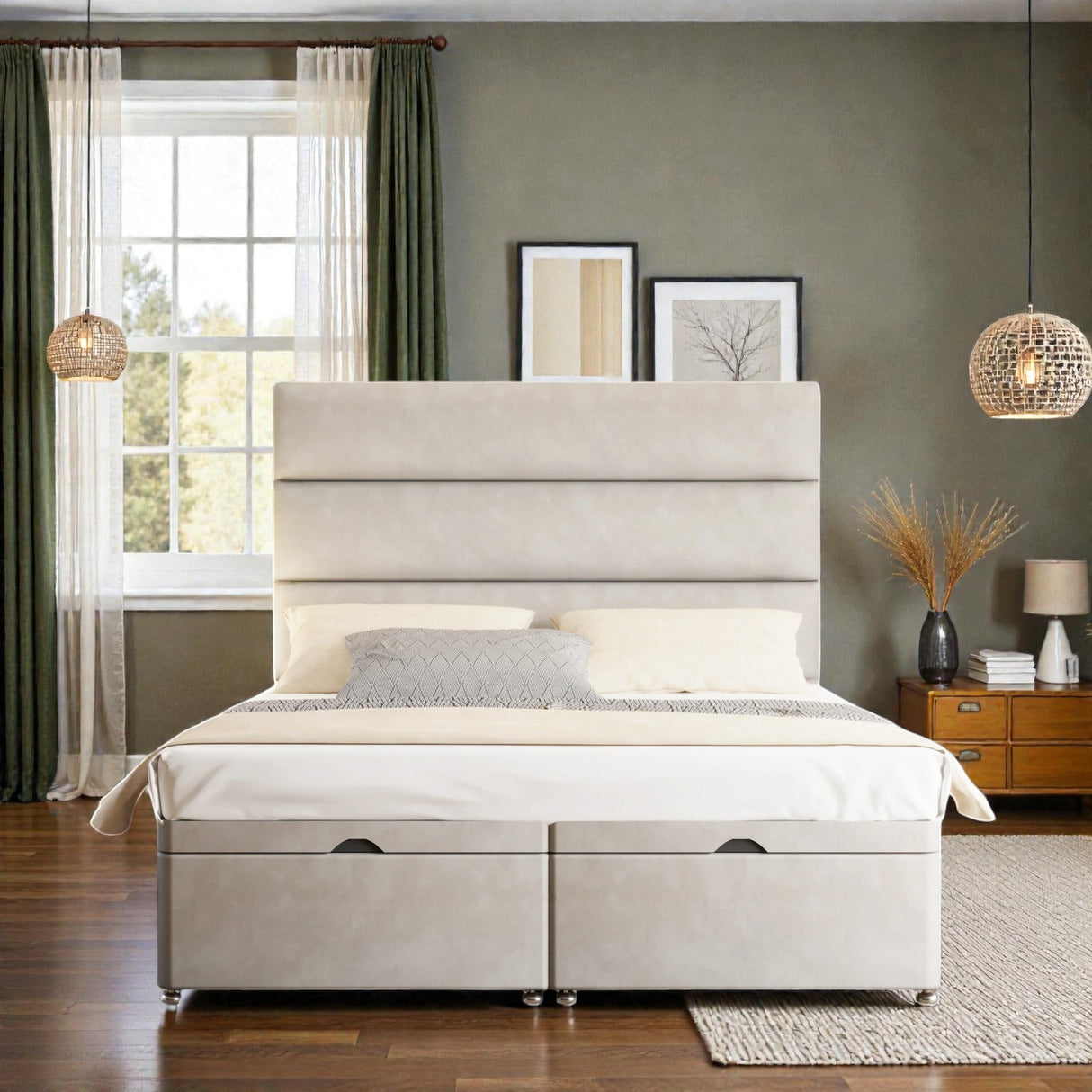 Alessia ottoman divan bed set with storage drawers, upholstered in fabric, shown in a bedroom setting with a neutral color scheme.