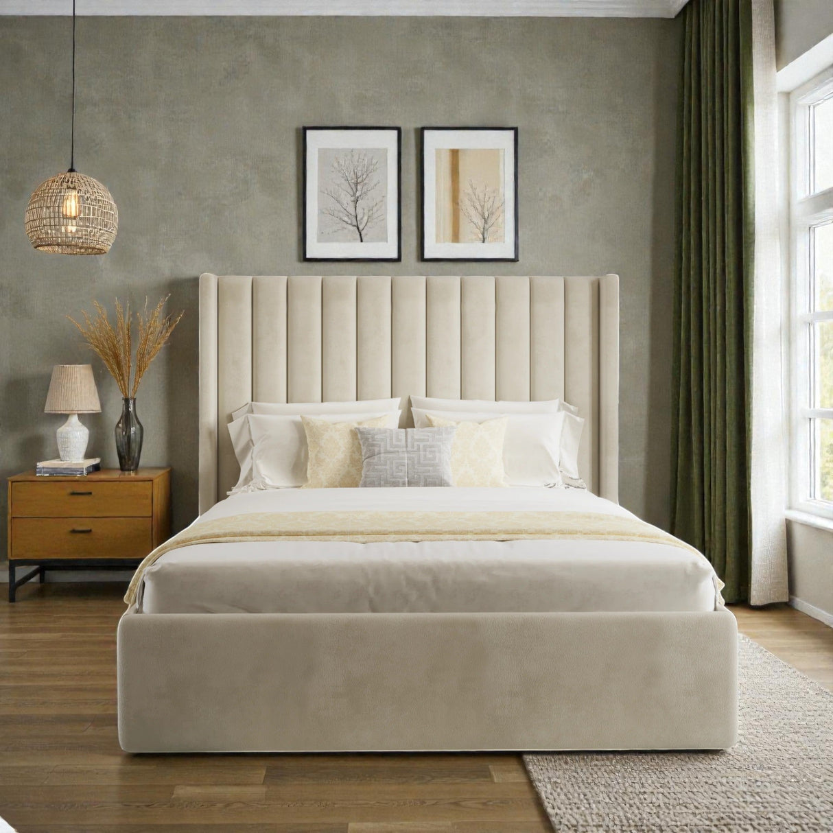 Ayla wingback Ottoman storage bed frame with upholstered headboard and wooden legs, showcasing its elegant design and sturdy construction.