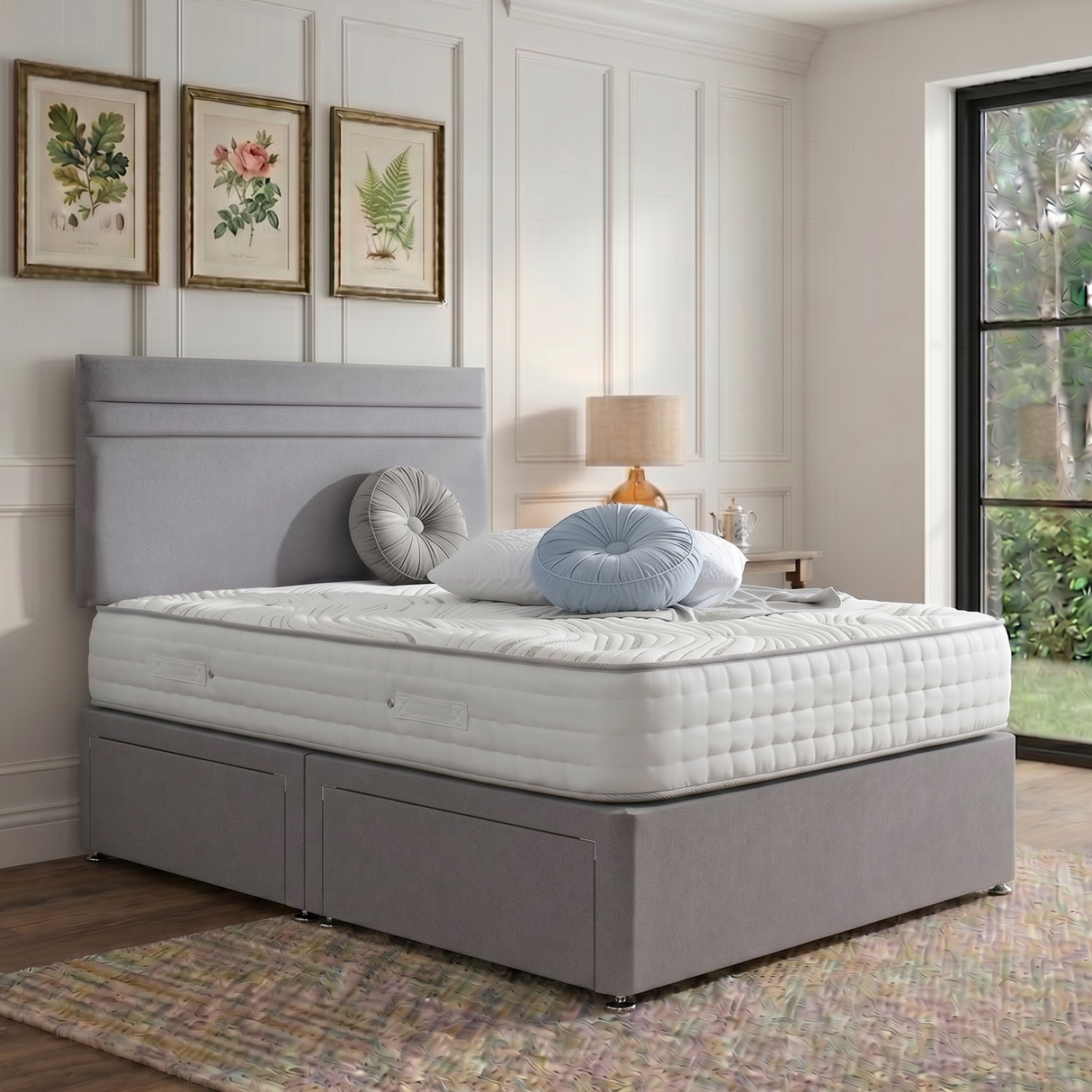 Berlin divan bed set with headboard, featuring a modern upholstered design and clean lines for a stylish bedroom look.