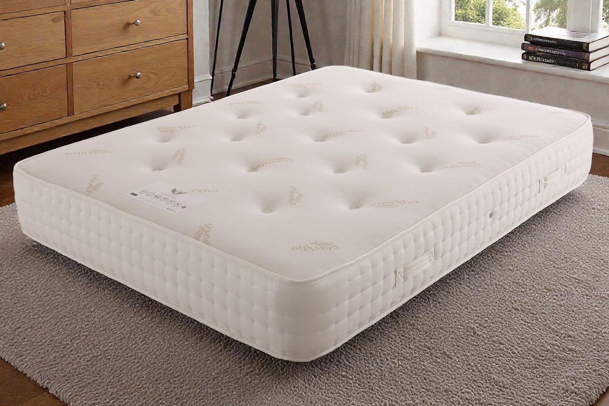 Kylie divan bed set with tall button-tufted headboard and footboard, upholstered in soft cashmere fabric, by Mattress Supermarket