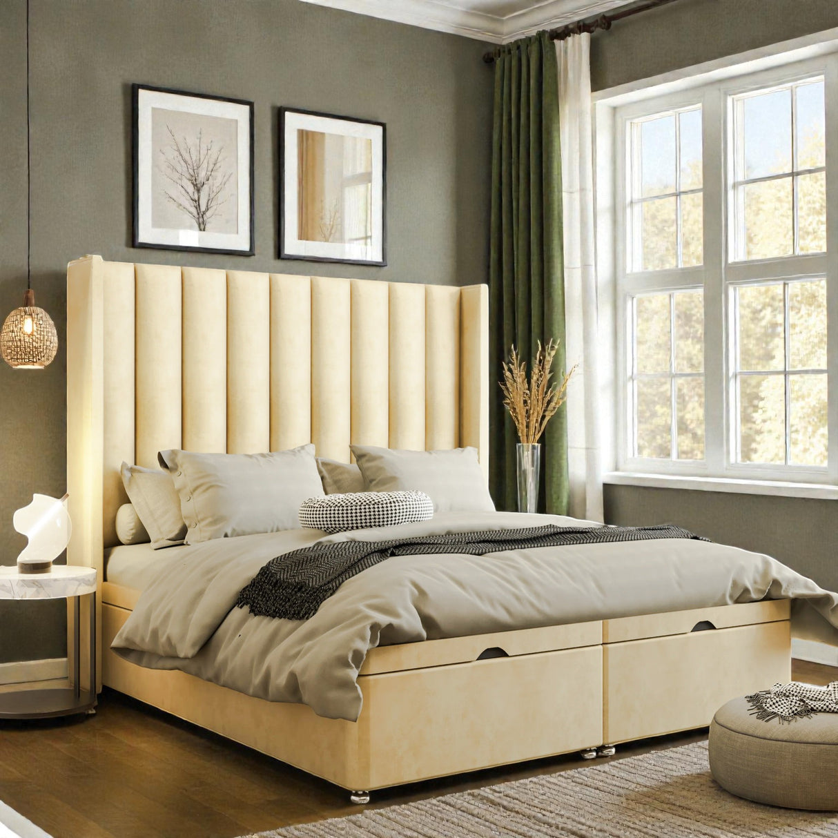 Caterina wingback ottoman divan bed set with storage, featuring a plush upholstered headboard and matching base for a modern bedroom.