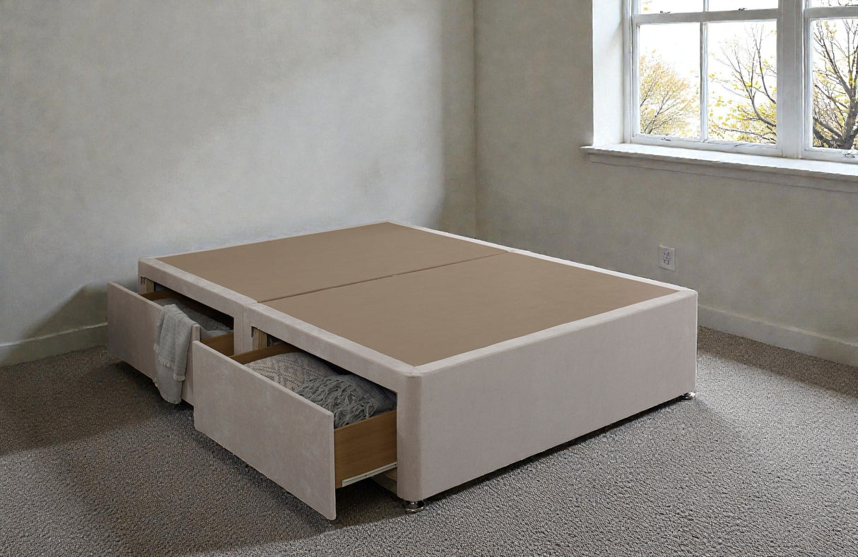 Platform top divan bed base from Mattress Supermarket, showing a sturdy, upholstered divan base with storage drawers.