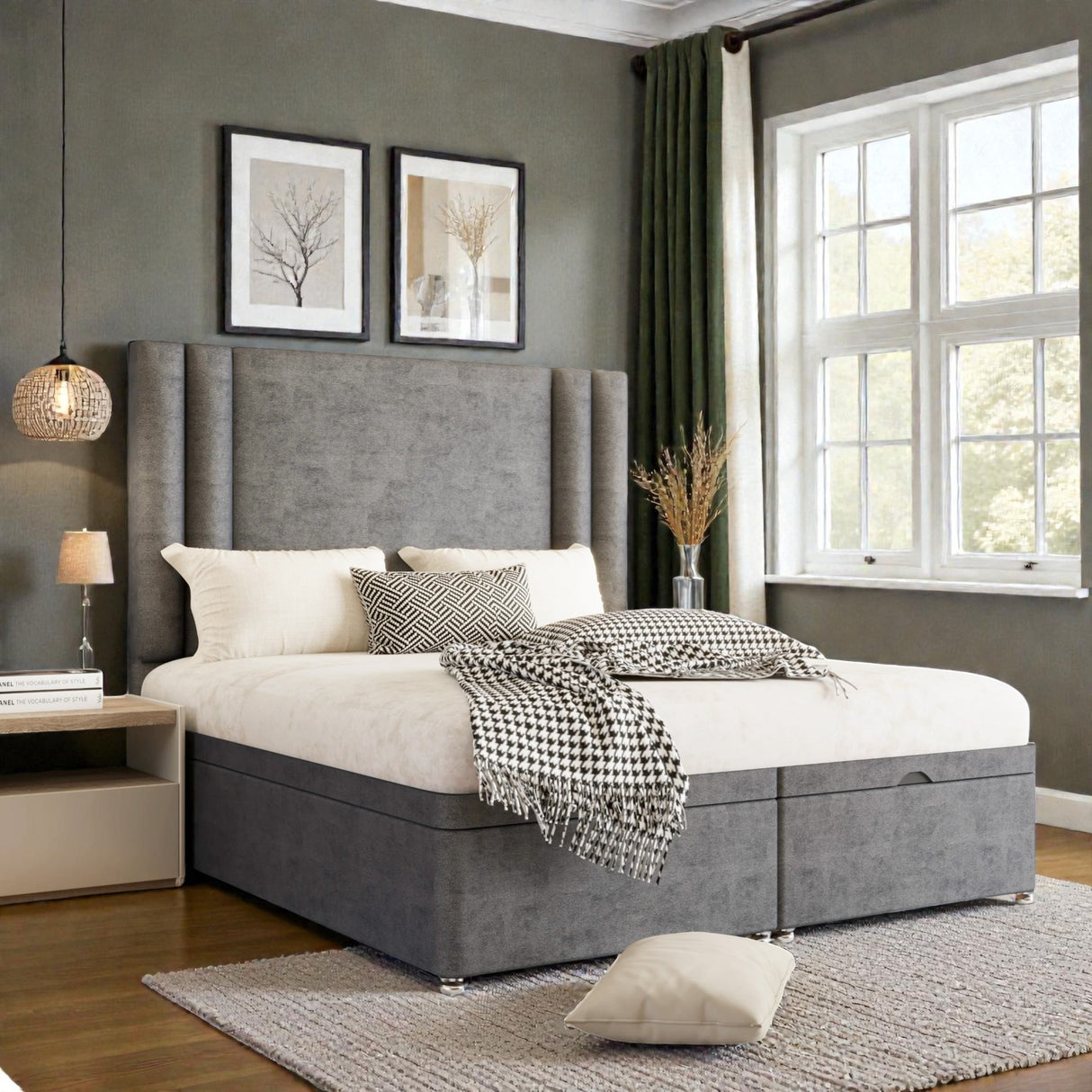 Elena Ottoman storage divan bed set with padded upholstery and built-in storage drawers, featuring a modern design in a bedroom setting.