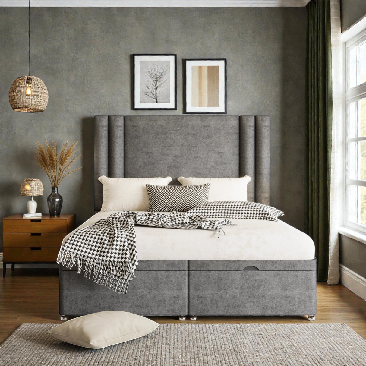 Elena Ottoman Divan Bed Set with fabric upholstery and storage drawers, shown in a modern bedroom setting.