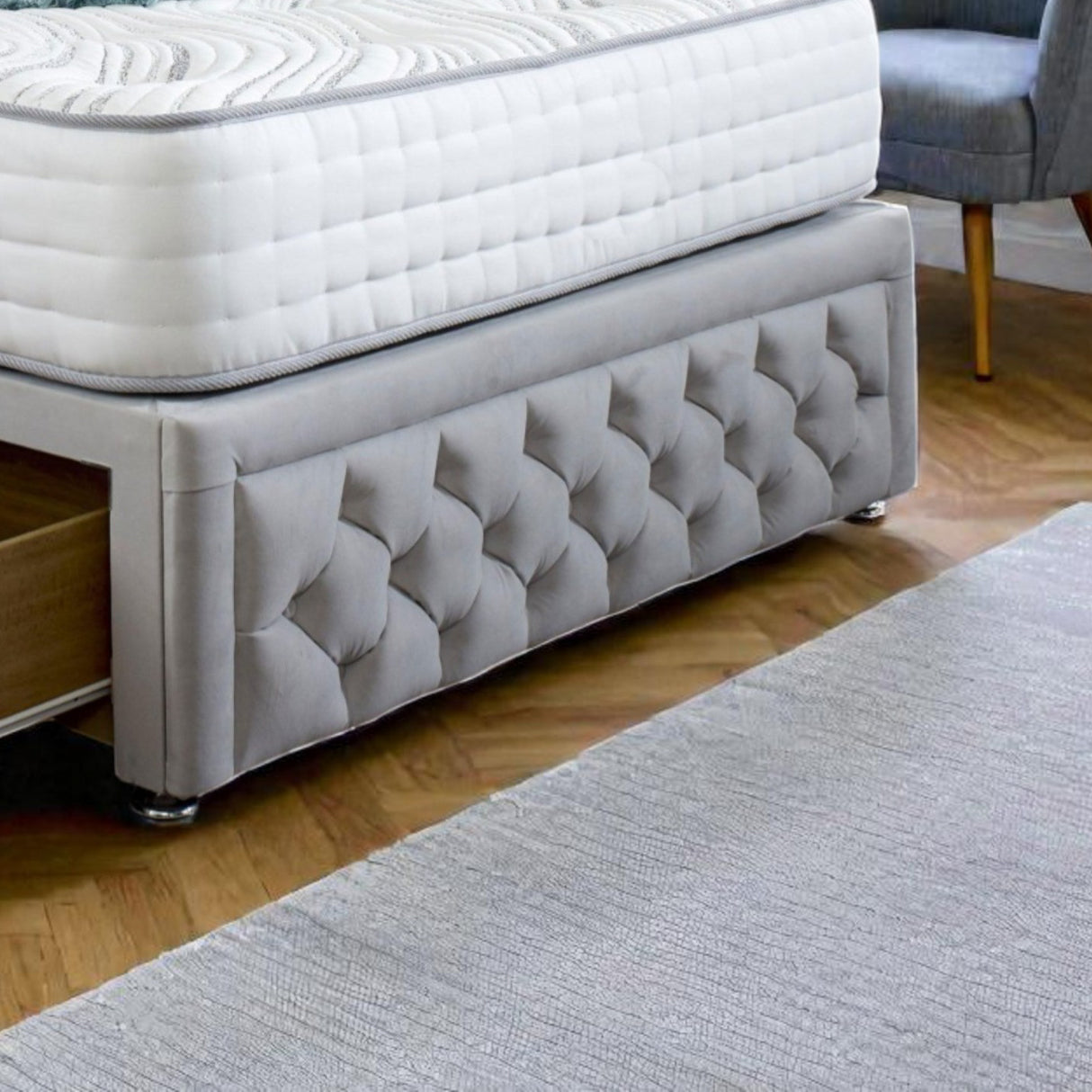 Jamie divan bed set with tall button-tufted headboard and matching footboard, modern bedroom furniture from Mattress Supermarket
