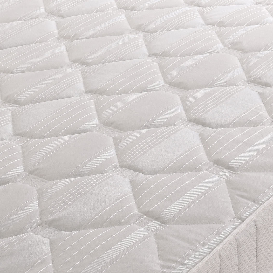Essentials Jasmine Sprung Mattress with plush fabric cover, showing the mattress surface and side view for comfortable sleep support.