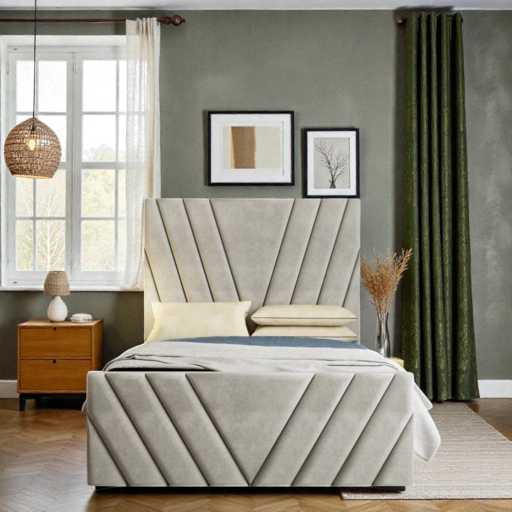 Lina Ottoman Storage Bed Frame from Mattress Supermarket with tufted fabric and wooden legs, showcasing its storage and stylish design.
