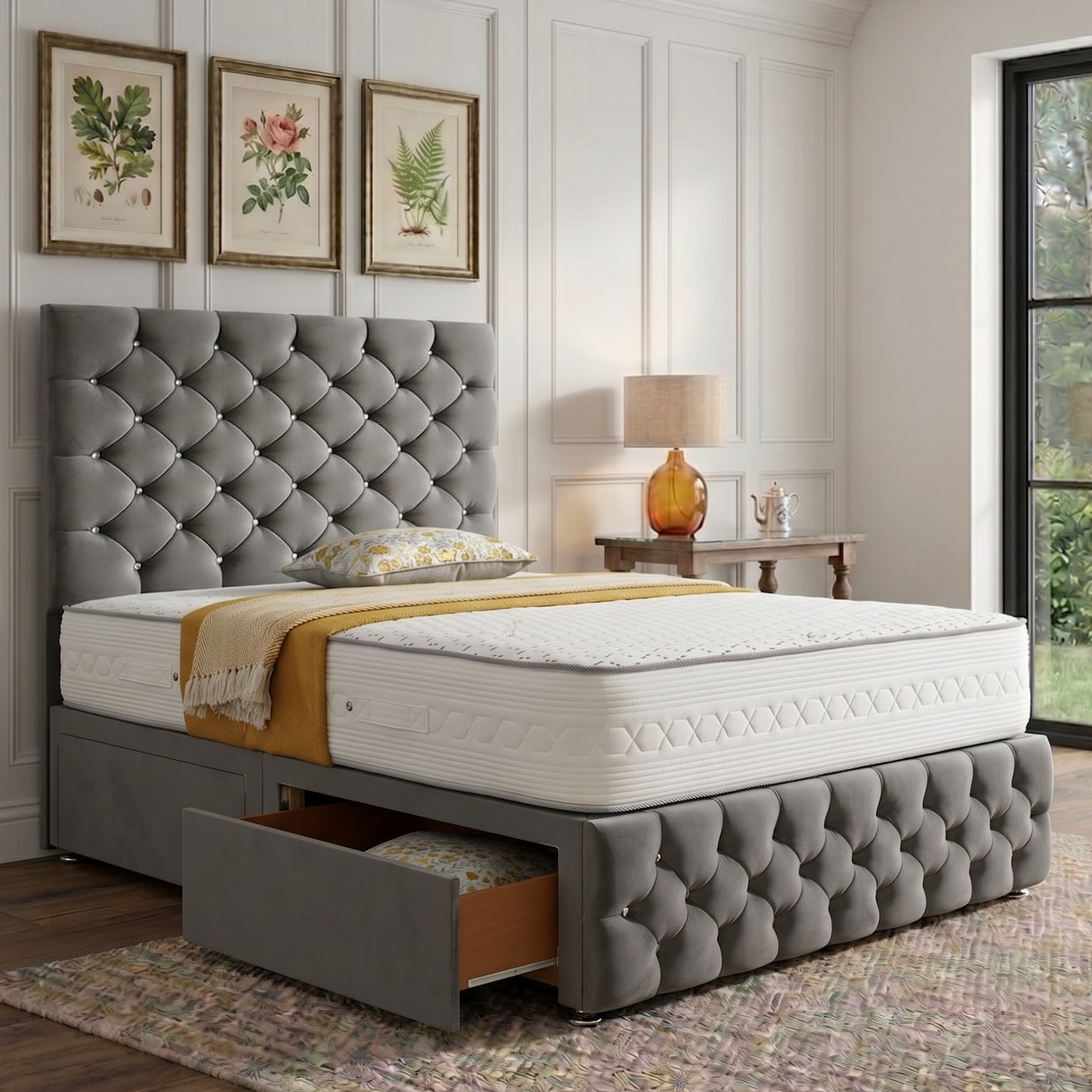 Divan bed set with tall button-tufted headboard and matching footboard, in a sleek design from Mattress Supermarket.