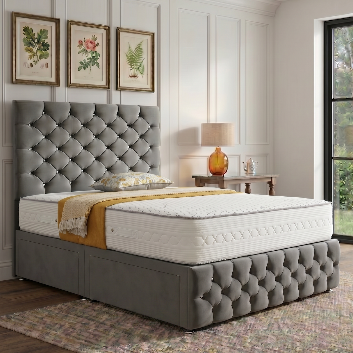 Monarch divan bed set with tall button-tufted headboard and matching footboard, featuring a sleek fabric upholstery.