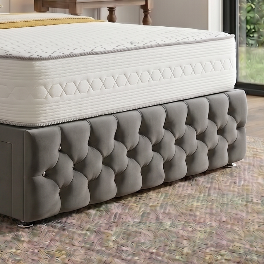 Divan bed set with tall button-tufted headboard and matching footboard, featuring a sleek design in the Monarch brand.