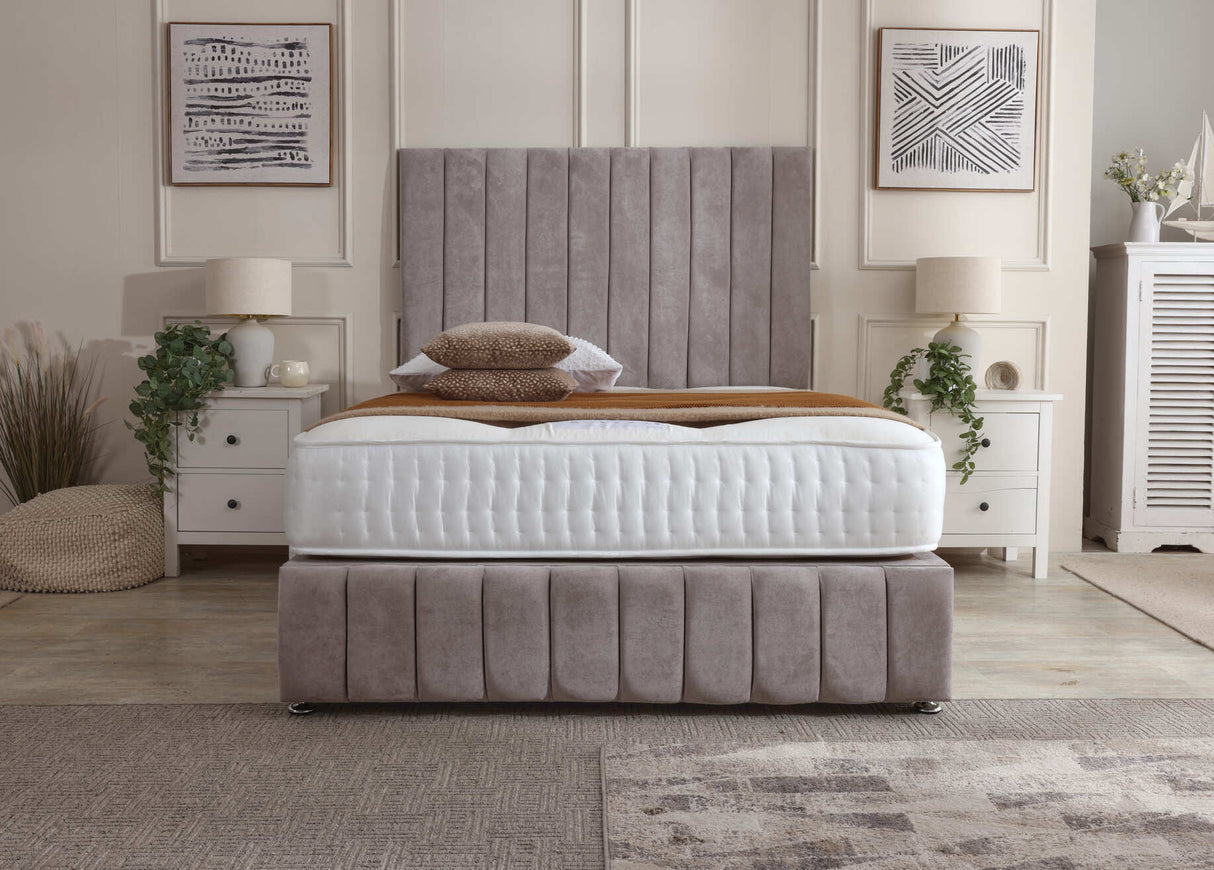 Maya divan bed set with tall headboard and footboard, featuring a modern, upholstered design for a stylish bedroom look.