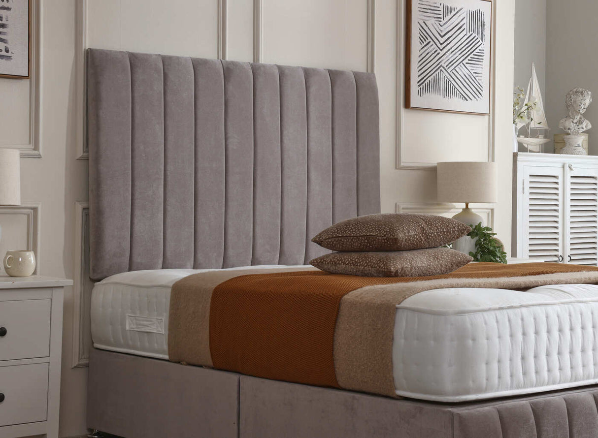Maya divan bed set with tall headboard and footboard, featuring a modern design and plush upholstery for bedroom decor.