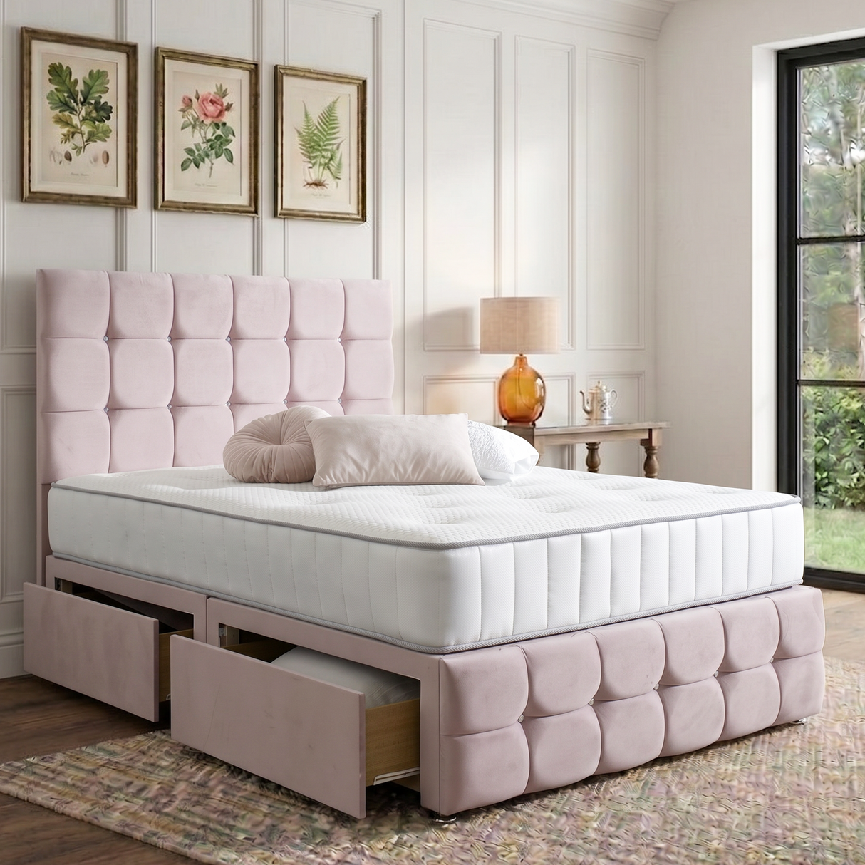 Naples Divan Bed Set With Tall Button Headboard and Footboard Mattress Supermarket