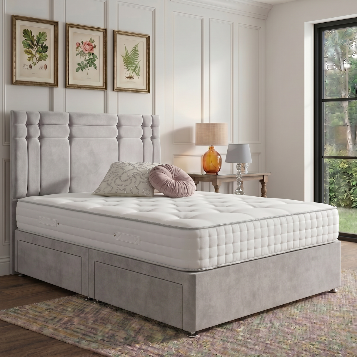 Oslo divan bed set with a button-tufted headboard and storage drawers, featuring a modern design and plush fabric upholstery.