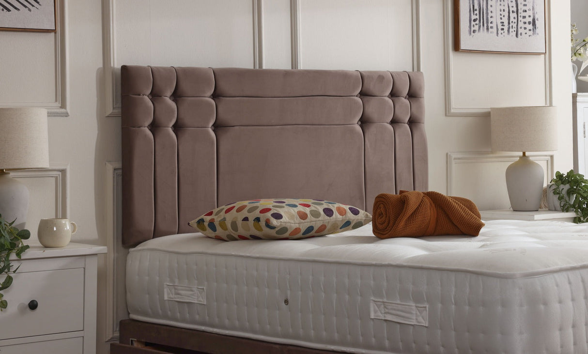 Oslo divan bed set with button-tufted headboard in neutral fabric, showcasing a stylish and modern bedroom furniture piece.