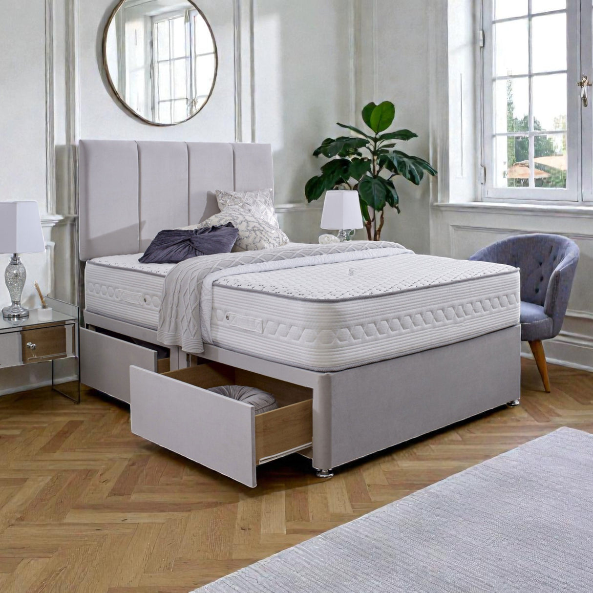 Paris Divan Bed Set with headboard, featuring a stylish upholstered design and clean lines, from Mattress Supermarket.