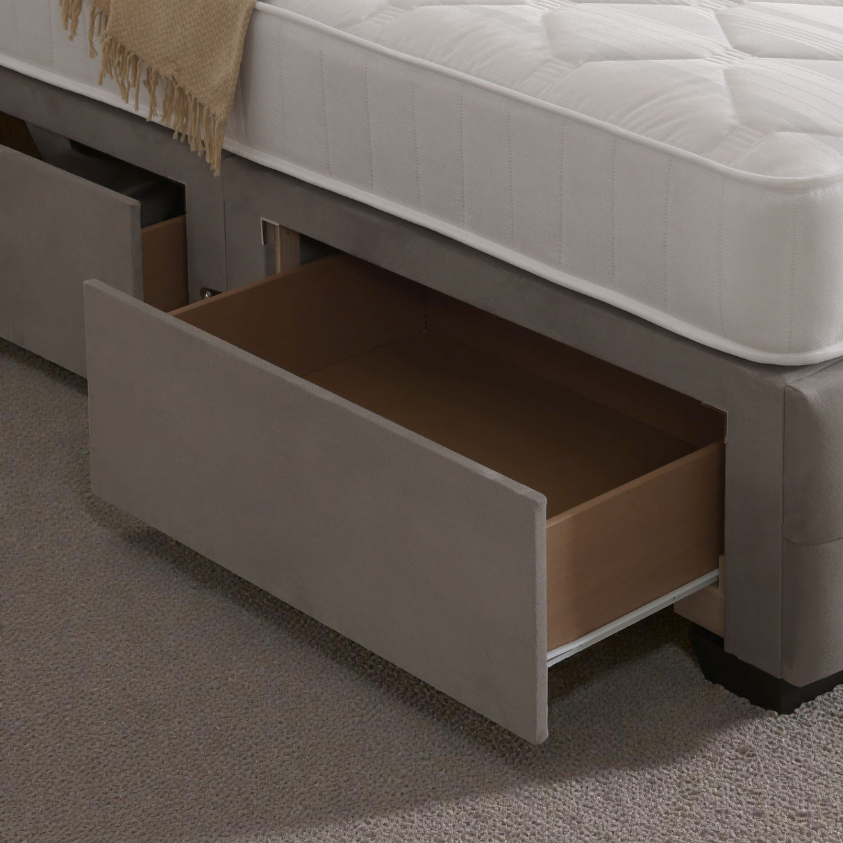 Naples divan bed set with tall button-tufted headboard and footboard, featuring a sleek modern design and neutral fabric upholstery.