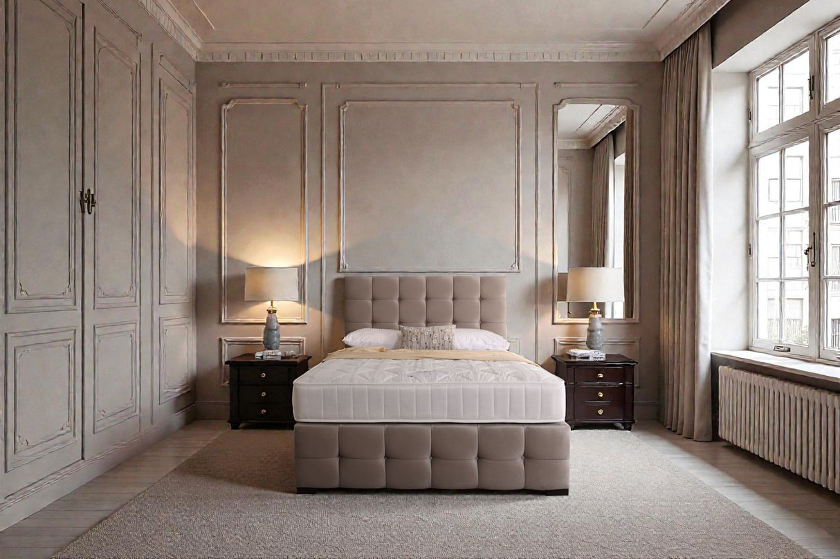 Naples Divan Bed Set with tall button-tufted headboard and footboard, featuring a sleek, modern design in a cozy bedroom setting.