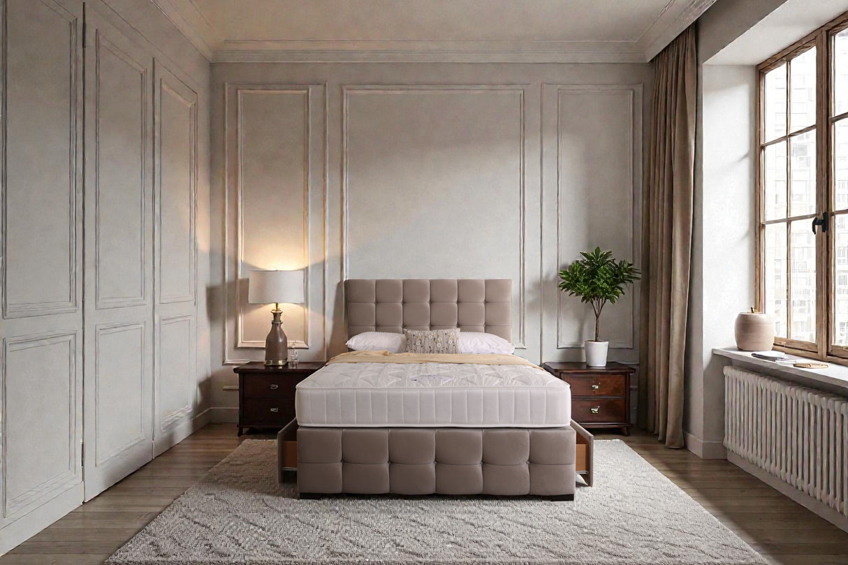 Naples divan bed set with tall button-tufted headboard and footboard, featuring a sleek modern design, by Mattress Supermarket