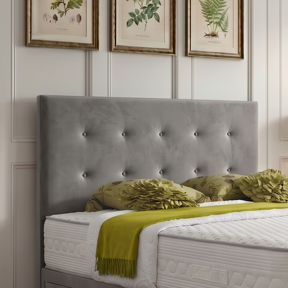 Sofia upholstered button headboard in neutral fabric, showcasing tufted design and elegant style for a bedroom.