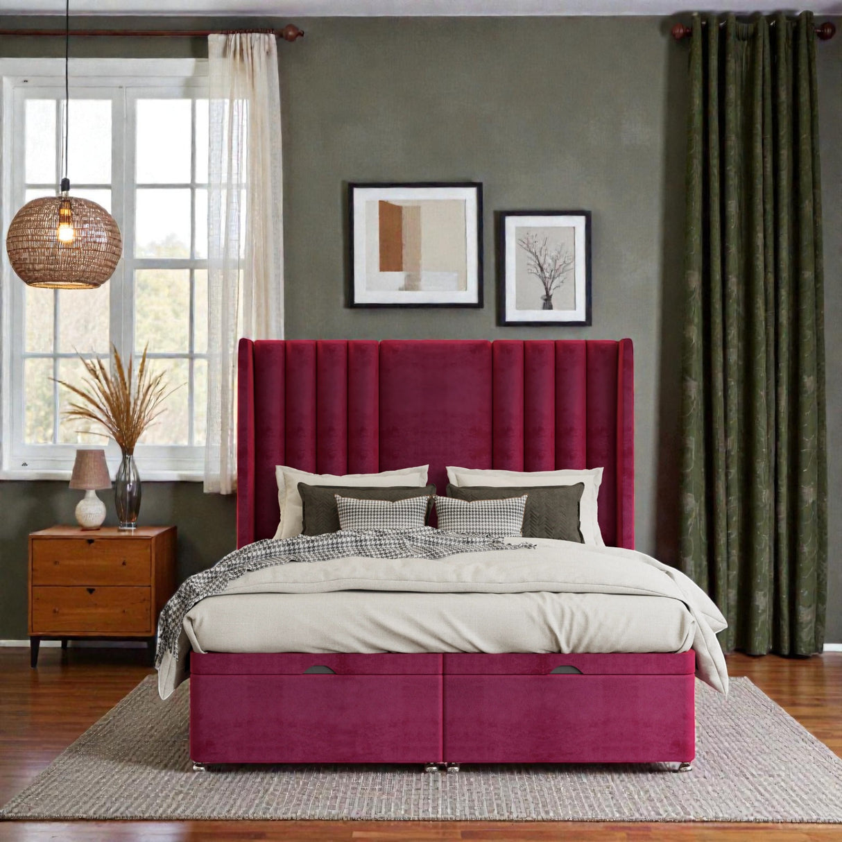 Serena wingback ottoman divan bed set with storage drawers, upholstered in fabric, featuring a padded headboard and sleek design.