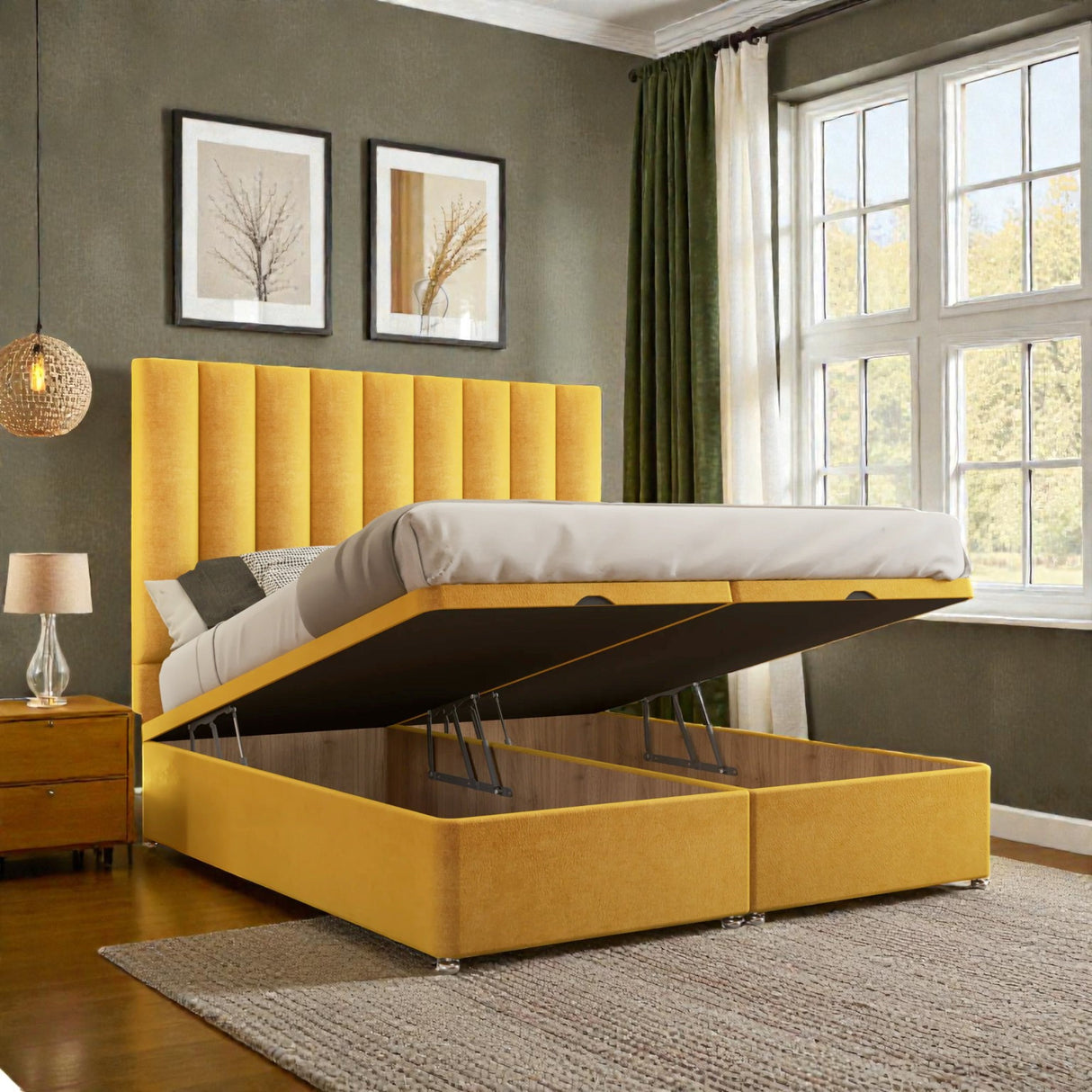 Teresa Ottoman Divan Bed Set with storage drawers in a modern bedroom, featuring a padded fabric headboard and neutral color.
