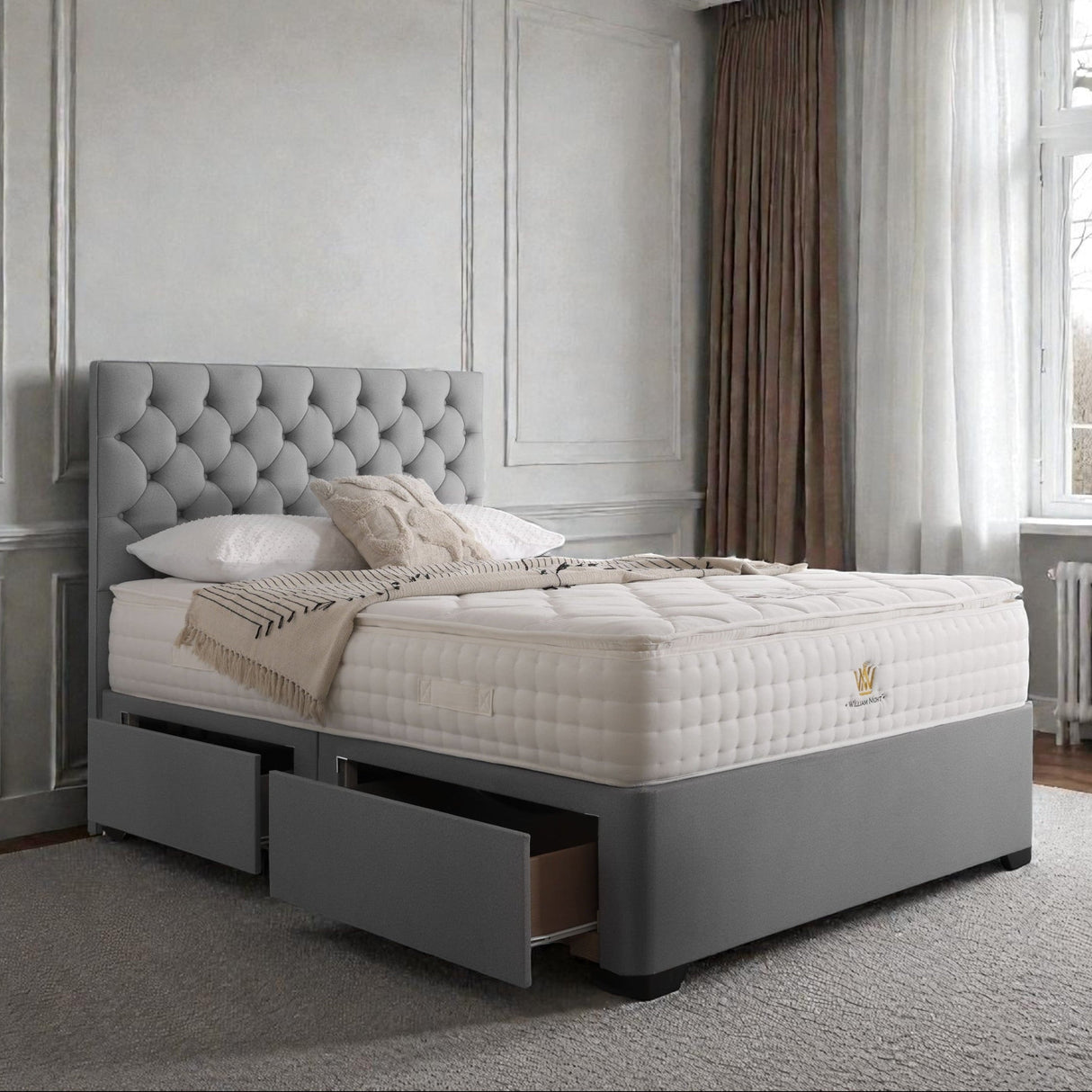 Madrid divan bed set with button-tufted headboard, featuring a sleek and modern design for comfortable bedroom furnishings.