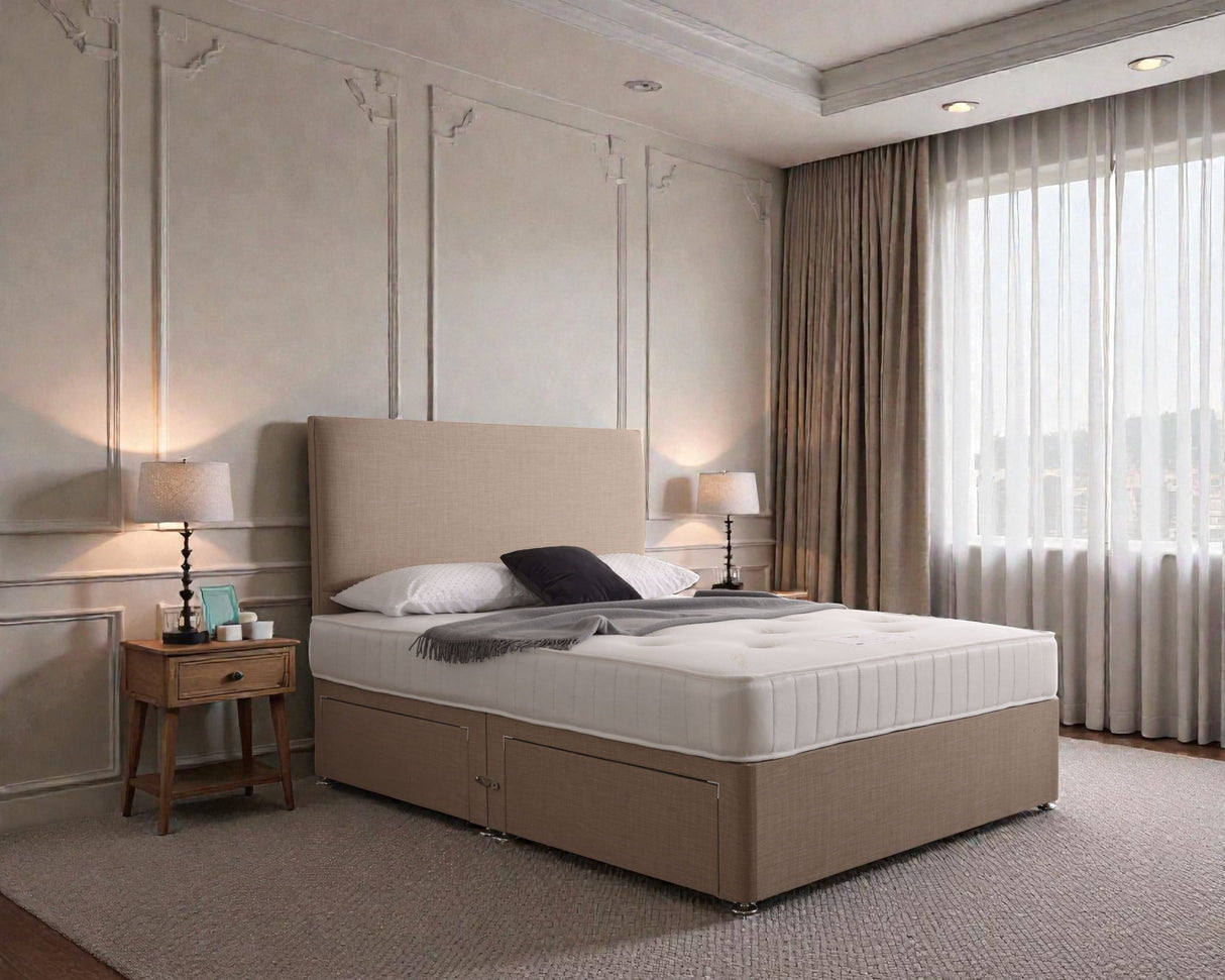 ZANTE Rome divan bed set with matching headboard, featuring a modern upholstered design in neutral fabric.