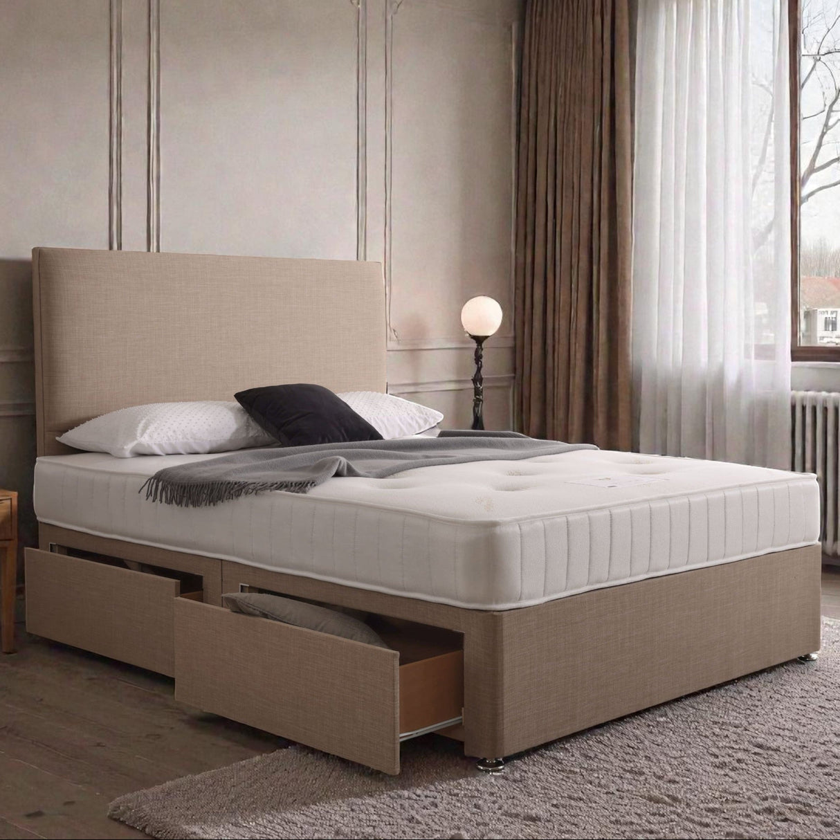 Rome divan bed set with matching headboard, featuring a sleek upholstered design, from Mattress Supermarket.