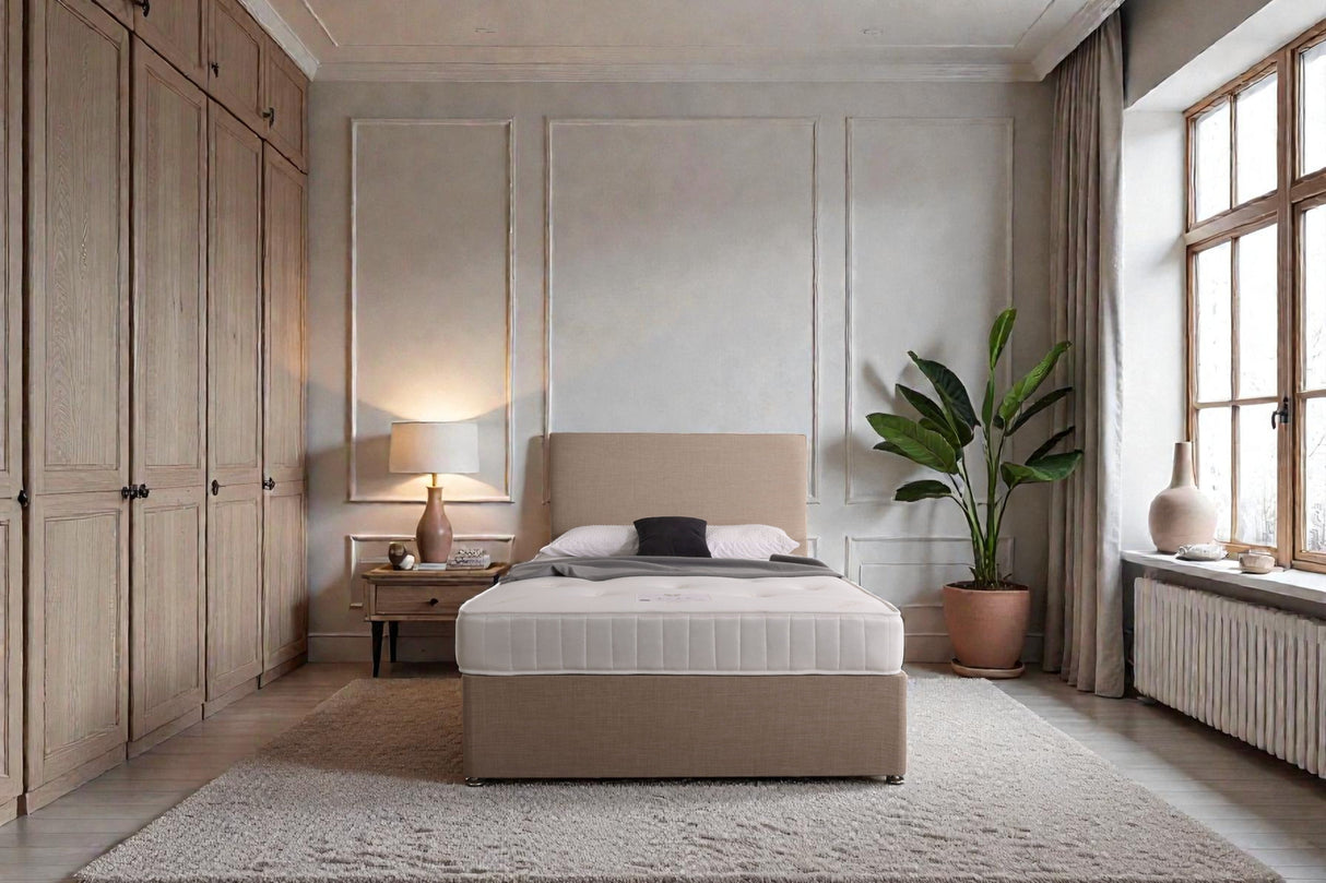 Zante Rome divan bed set with a stylish headboard, featuring a comfortable mattress and modern design from Mattress Supermarket.