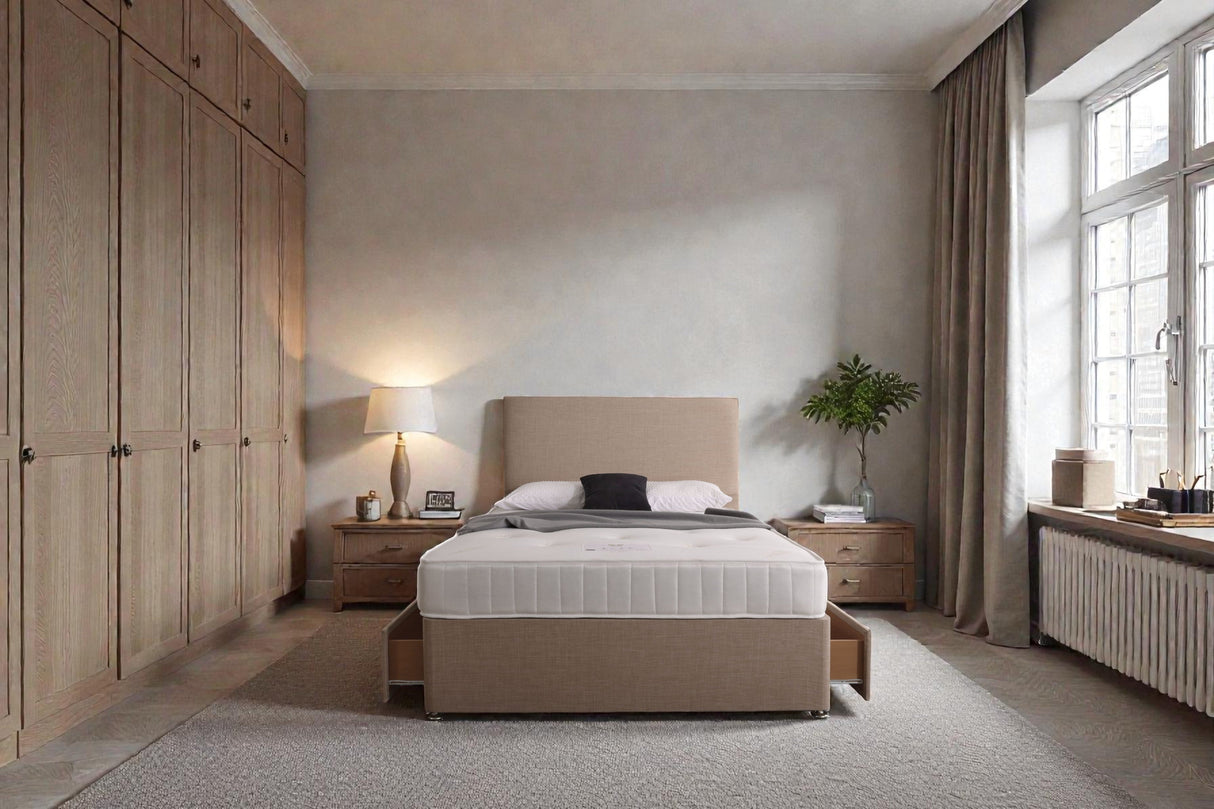 Rome Divan Bed Set with headboard from Mattress Supermarket, featuring a modern fabric finish and sturdy wooden frame.