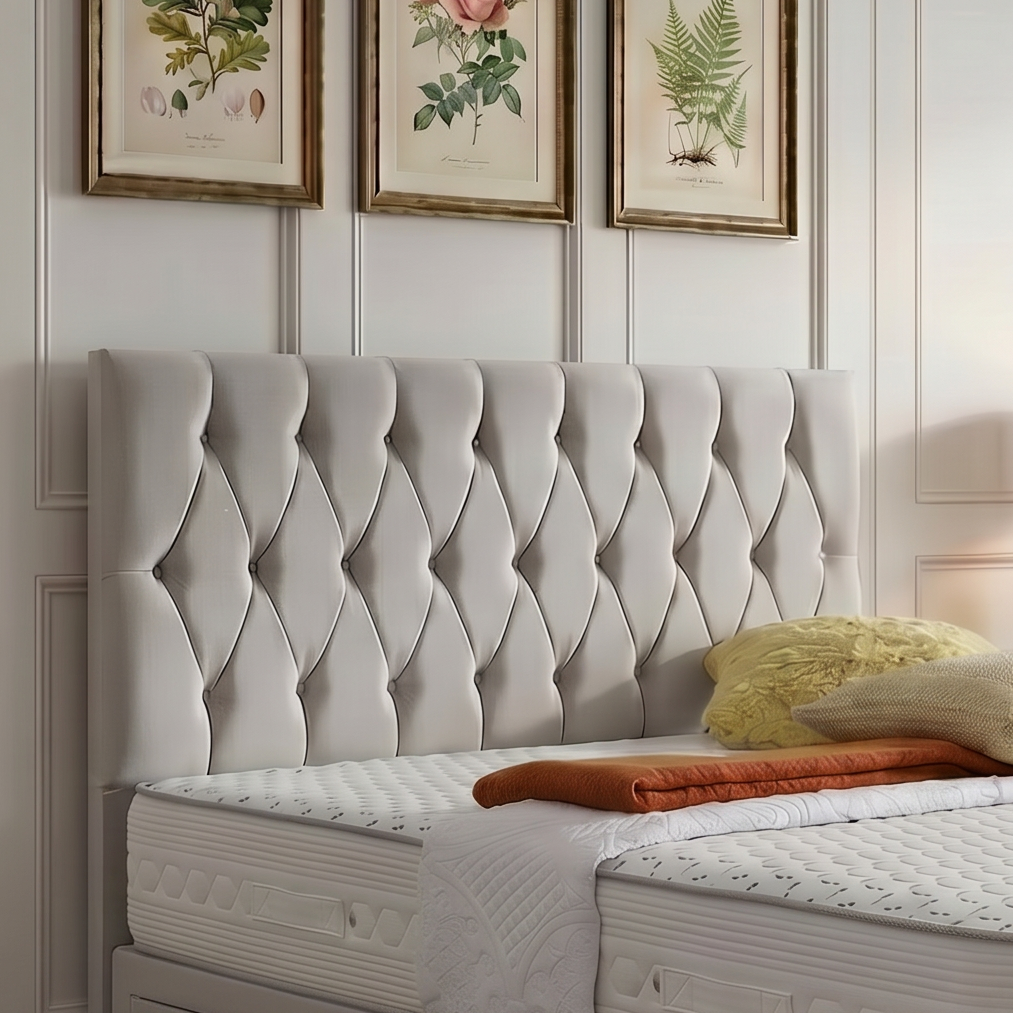 Zurich divan bed set with button-tufted headboard, featuring a sleek upholstered design and sturdy wooden legs.