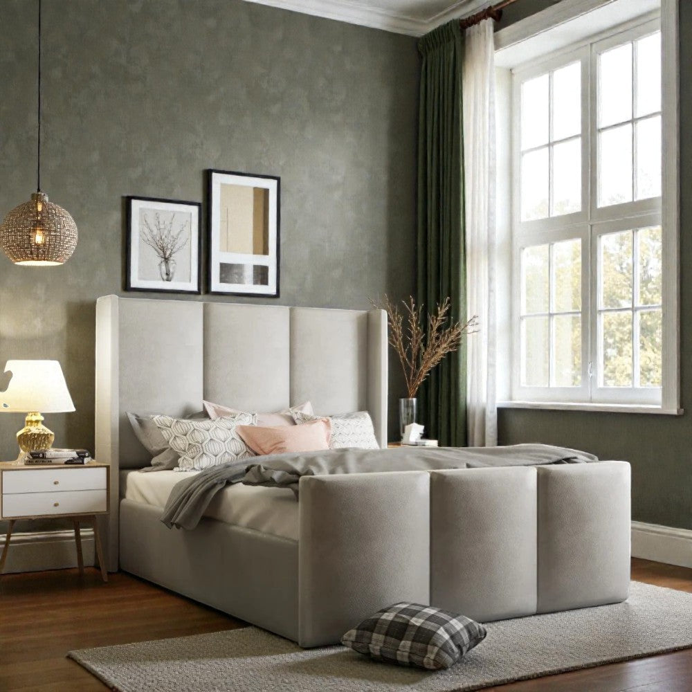 Zaya wingback Ottoman storage bed frame in a modern design with upholstered headboard and sturdy wooden legs.