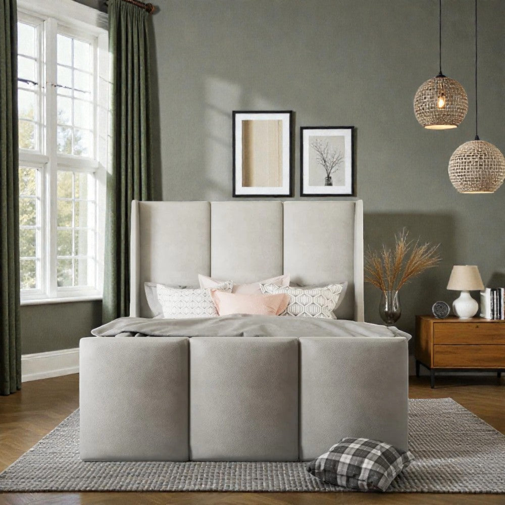 Zaya wingback ottoman storage bed frame in neutral fabric with tufted headboard and wooden legs, featuring built-in storage space.