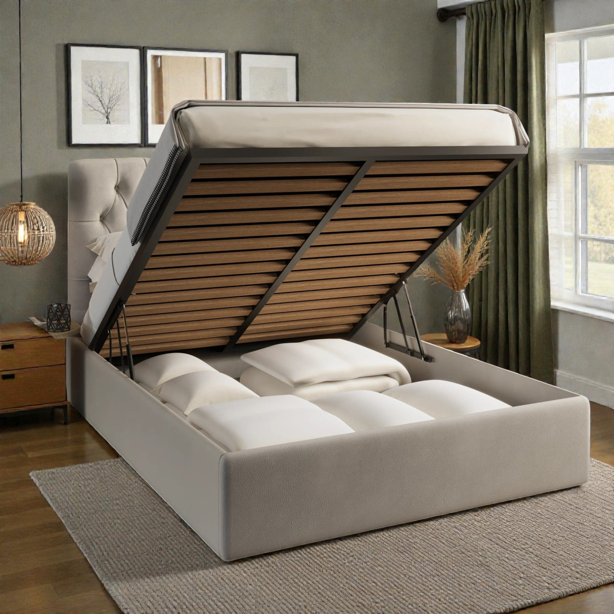 Zena Ottoman Storage Bed Frame from Mattress Supermarket showing a modern bed with built-in storage drawers and a padded headboard.