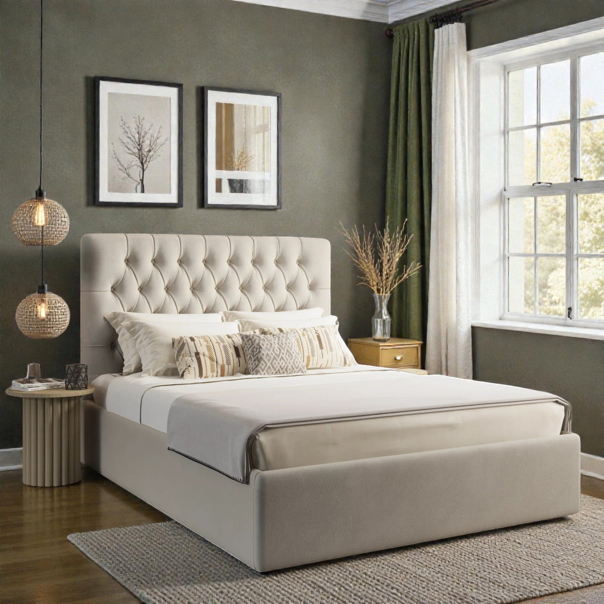 Zena ottoman storage bed frame with upholstered headboard and wooden legs, providing stylish bedroom storage solutions.