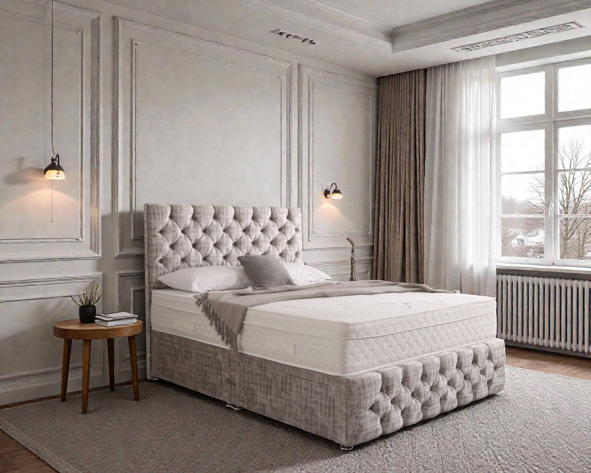 Divan bed set with tall button-tufted headboard and matching footboard, featuring a clean, modern design in a bedroom setting.