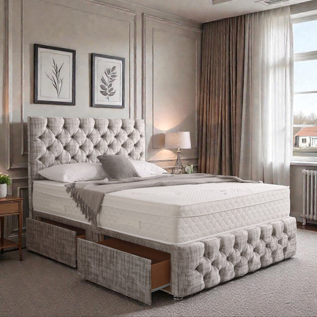Divan bed set with tall button-tufted headboard and matching footboard, featuring a sleek, modern design in a neutral fabric.