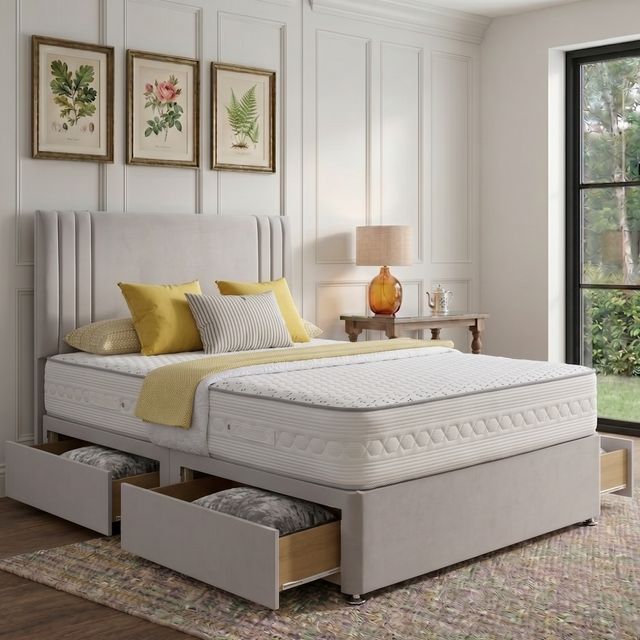 Athens divan bed set with matching headboard, featuring a sleek upholstered design, in a modern bedroom setting.