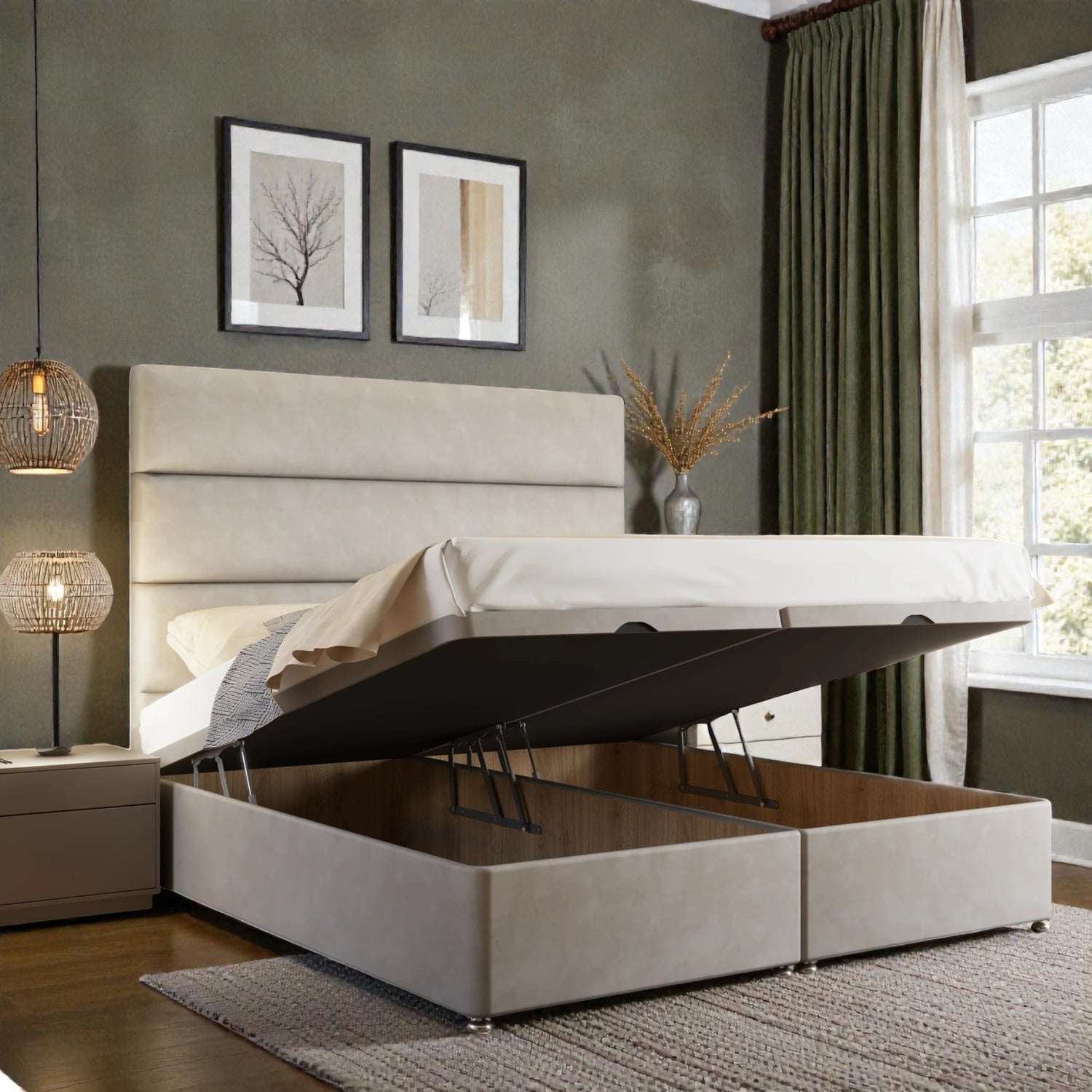 Alessia Ottoman divan bed set with storage drawers, upholstered in beige fabric, featuring a padded headboard and sturdy wooden frame.