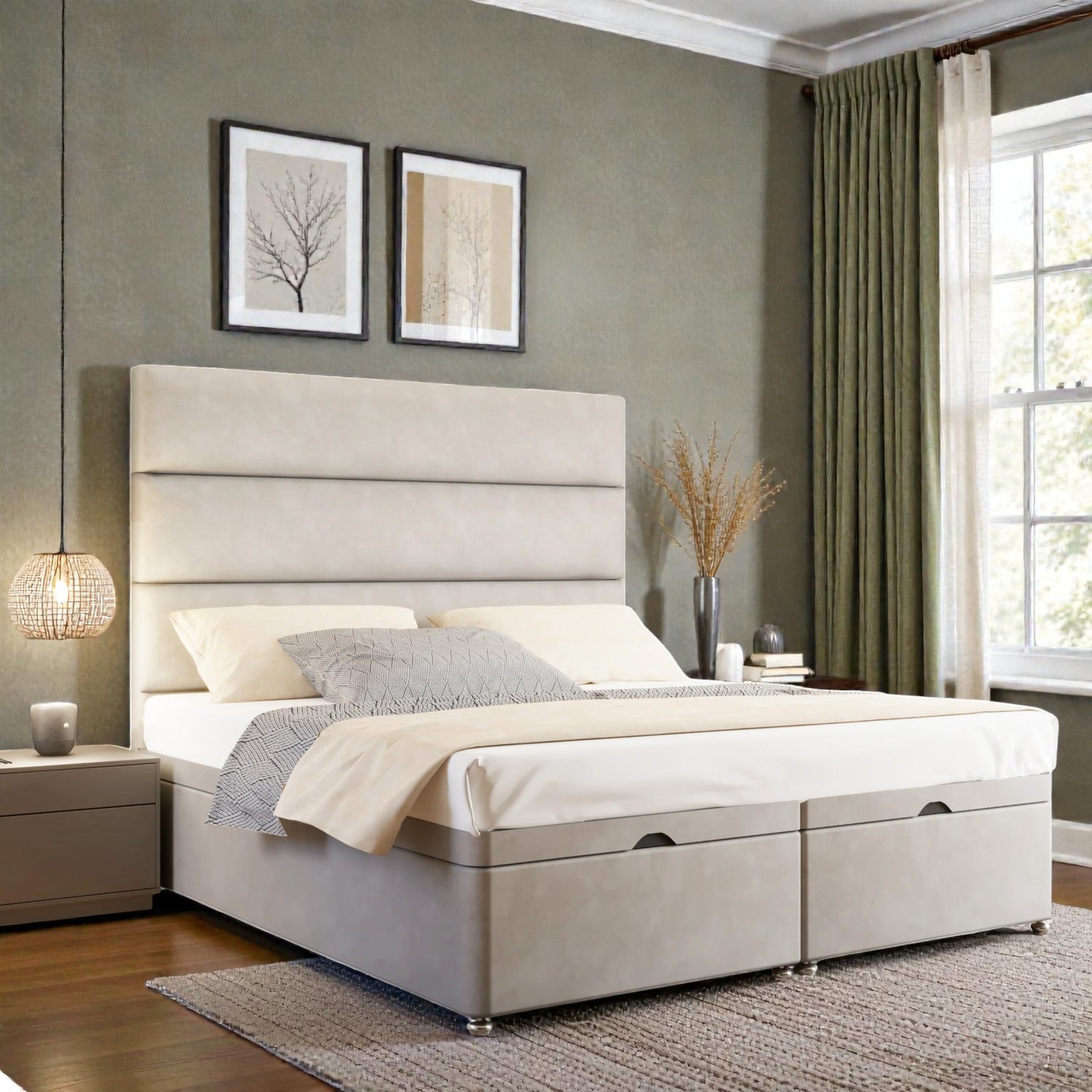 Alessia Ottoman Divan Bed Set with upholstered fabric and storage drawers, featuring a plush headboard and modern design.