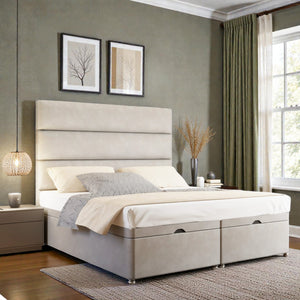 Alessia Ottoman Divan Bed Set with upholstered fabric and storage drawers, featuring a plush headboard and modern design.