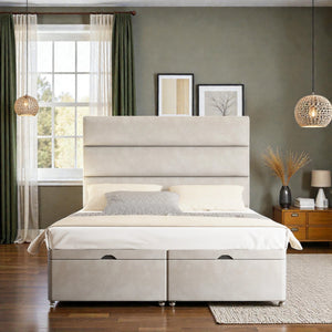 Alessia ottoman divan bed set with storage drawers, upholstered in fabric, shown in a bedroom setting with a neutral color scheme.