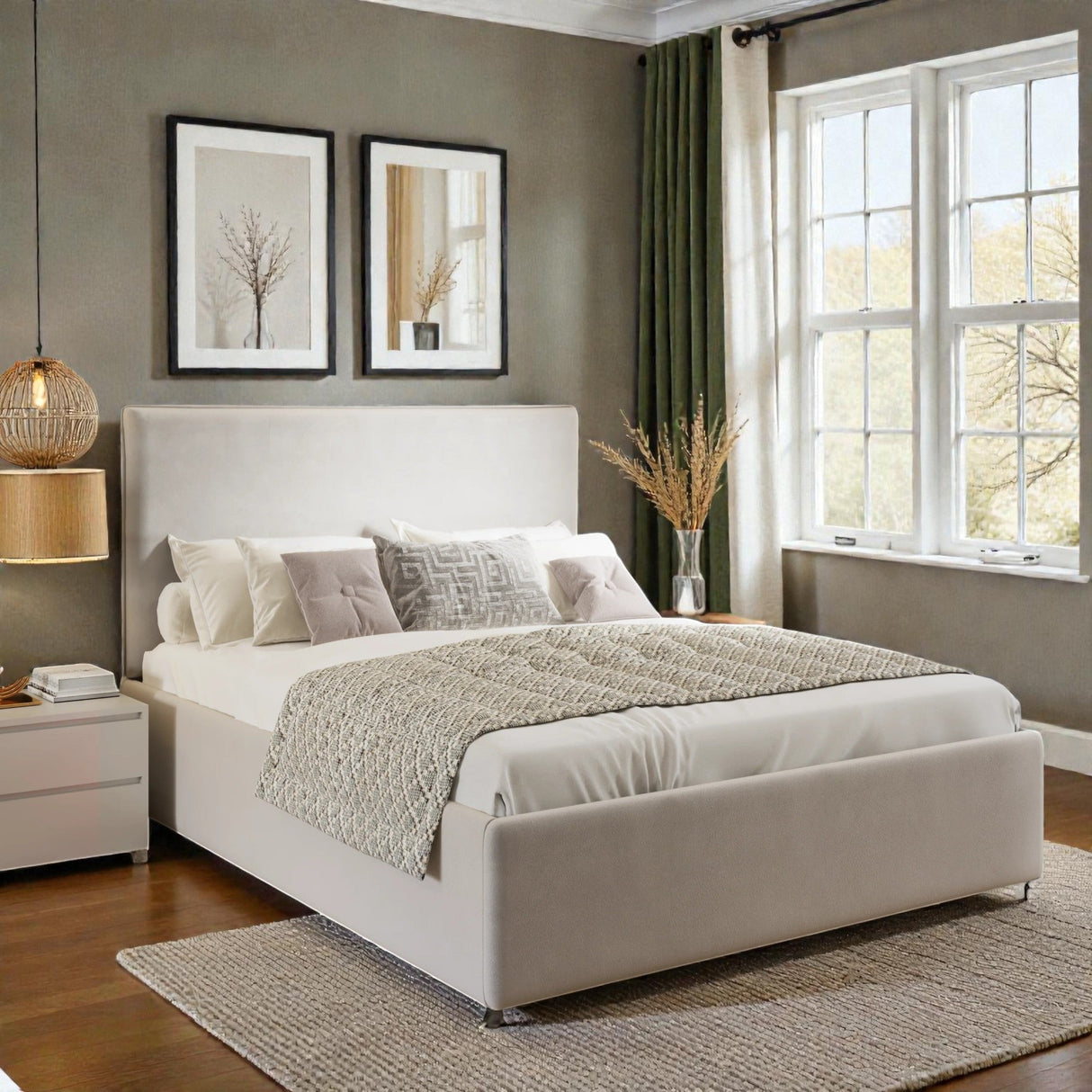 Alva Ottoman Storage Bed Frame in neutral fabric with a padded headboard and hidden storage compartments, designed for mattress support.