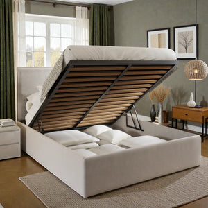 Alva Ottoman Storage Bed Frame in a modern design, featuring upholstered fabric and built-in storage compartments.