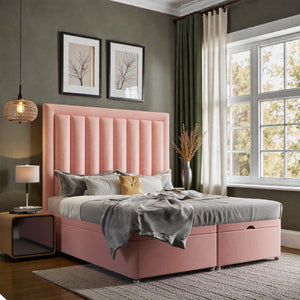 Antonella Ottoman Divan Bed Set with upholstered fabric and storage drawers, featuring a modern design and sturdy wooden legs.