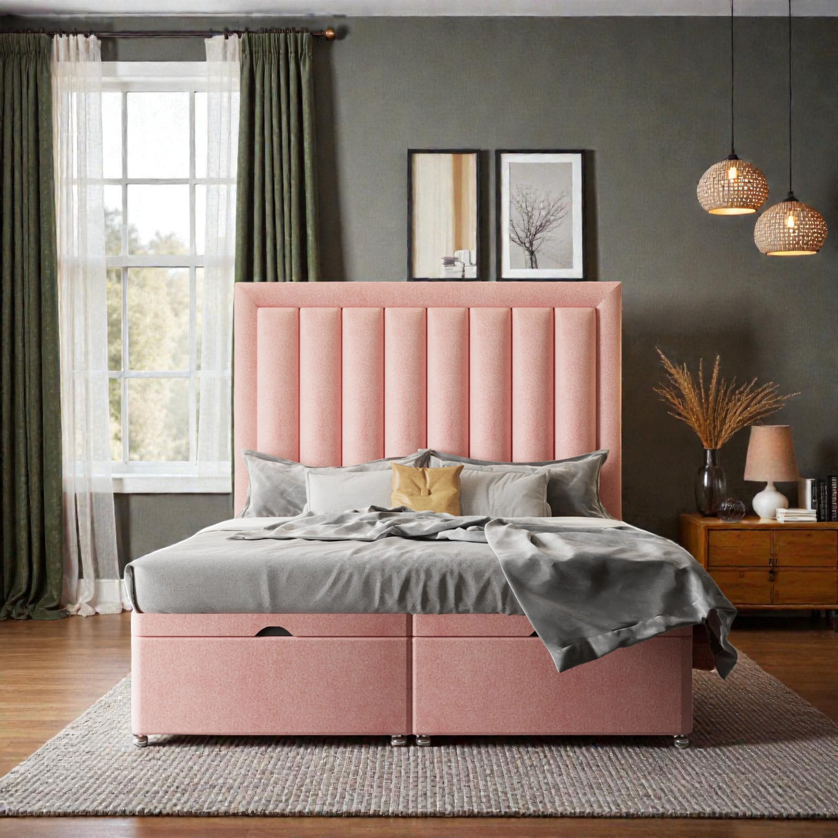 Antonella Ottoman storage divan bed set with upholstered headboard and fabric finish, featuring built-in storage compartments.